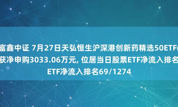 富鑫中证 7月27日天弘恒生沪深港创新药精选50ETF(517380)获净申购3033.06万元, 位居当日股票ETF净流入排名69/1274