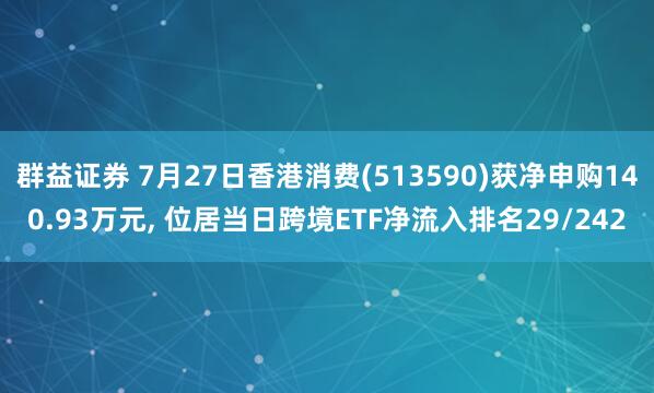 群益证券 7月27日香港消费(513590)获净申购140.93万元, 位居当日跨境ETF净流入排名29/242